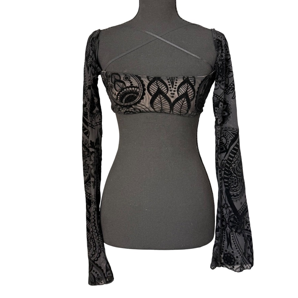 Outcast Idez Crop Top Black Flocked Paisley Mesh Bell Sleeve Lace Up Y2K Small